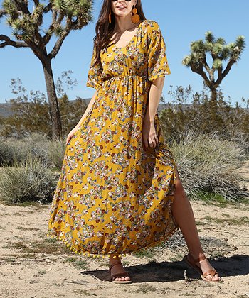 Mustard Floral Pom-Pom Hem Empire Waist Dress