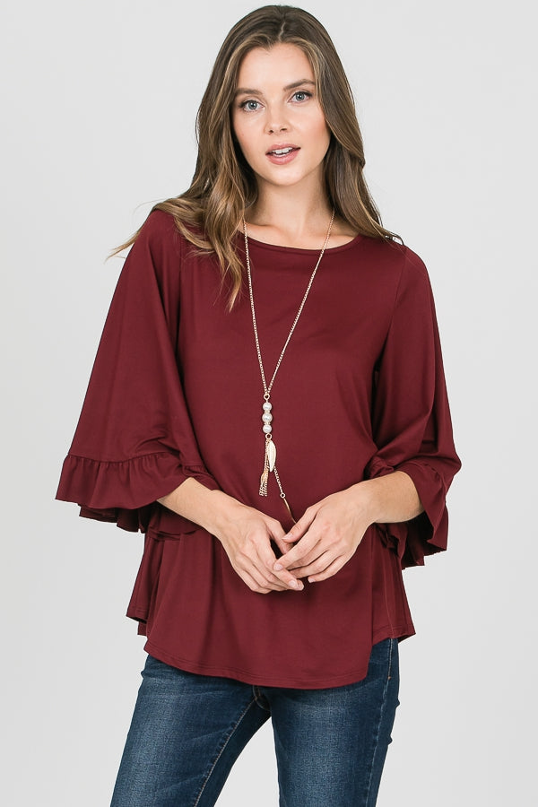 Burgundy Ruffle Bell Sleeve