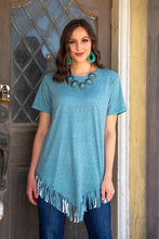 Load image into Gallery viewer, L&amp;B Fringe Hem Turquoise Top
